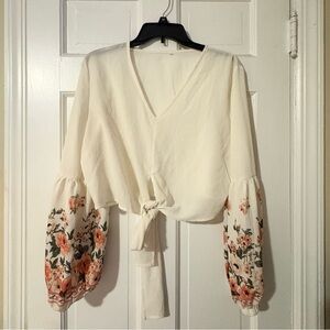 Floral Sleeve Wrap Crop Top - Cream